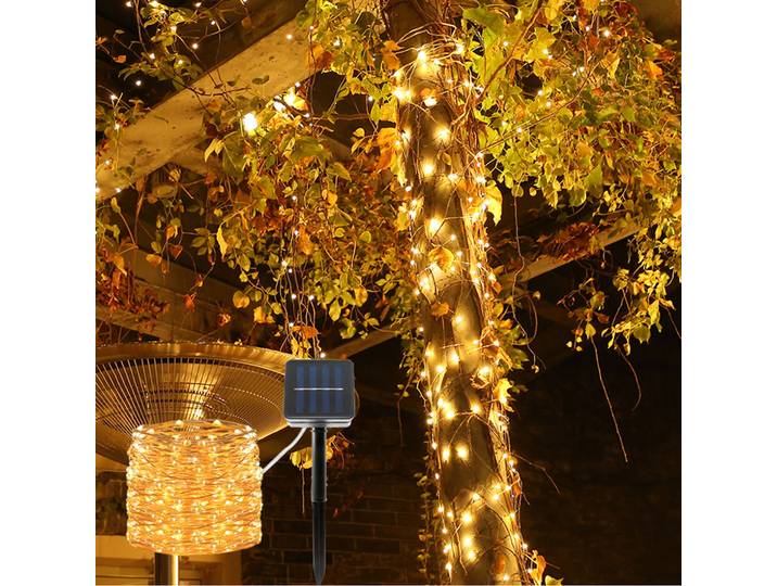 Kupferdraht Lichterkette, solarbetrieben, 22 m, 200 warmweisse LEDs, IP44