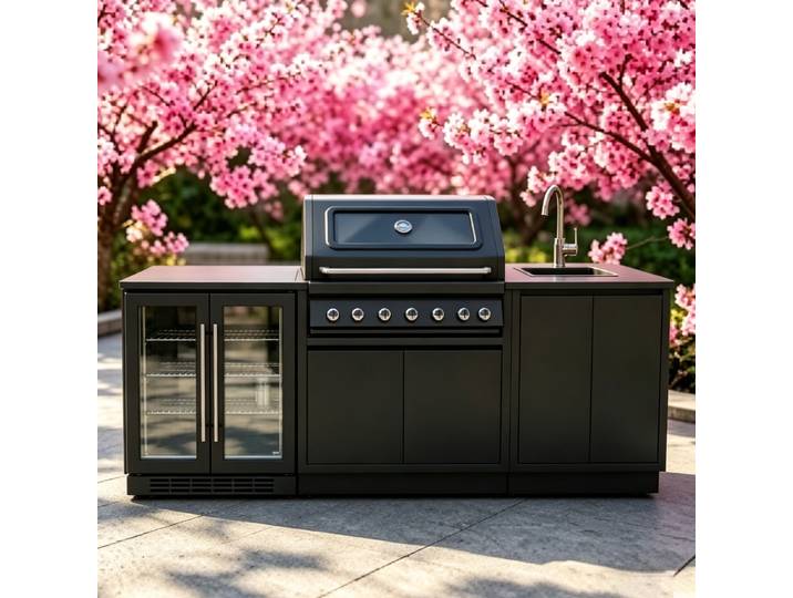 Meubles de cuisine d'extérieur modernes, modulaires et fonctionnels en acier inoxydable avec grill, plaque de cuisson, évier, réfrigérateur et éclairage LED pour jardin, patio ou cour arrière