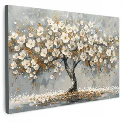 LEINWANDBILD Baum - Blumen - Weiß - Natur - Kunst Gemälde 60x40 cm