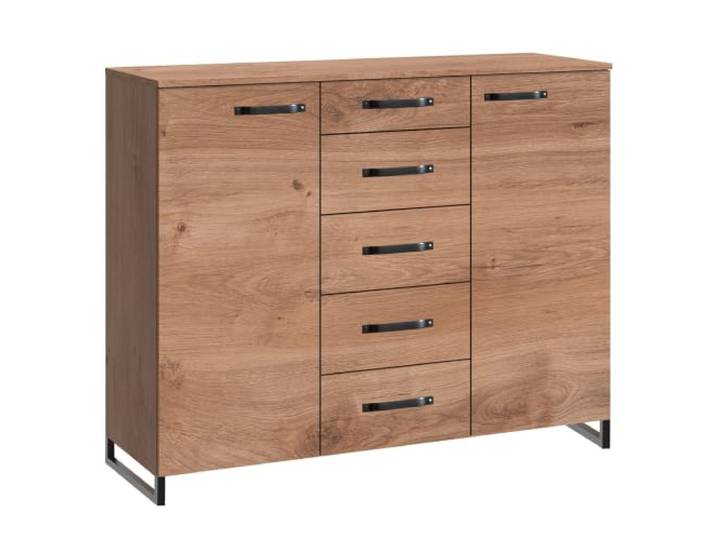 Kommode Sideboard 139 cm, 2 Türen, 5 Schubladen, Eiche mit Stahl Nb.