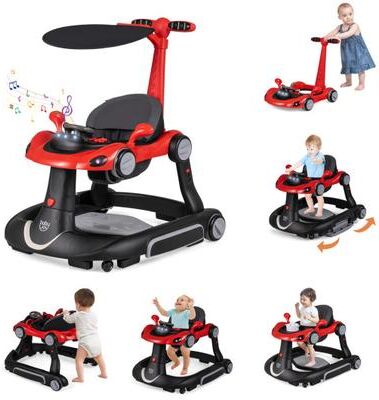 Costway 6-in-1 Baby Walker with Canopy Portable Activity Center Bouncer Rocker Combo with Music-Red