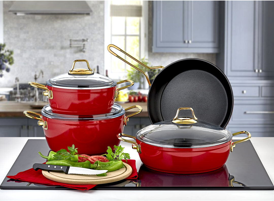 Belfry Kitchen Leer 7 - Piece Non-Stick Cookware Set Red 7