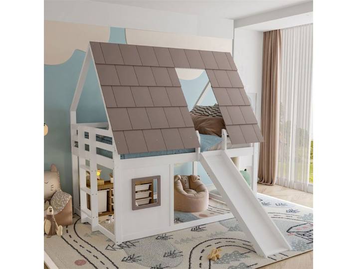 DRIPEX Lit mezzanine en bois 140x200cm avec toit échelle et toboggan Lit maison pour enfant blanc+marron