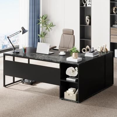 Jiallo "71"" L-Shaped Executive Desk with Storage Cabinet & Shelves Black"