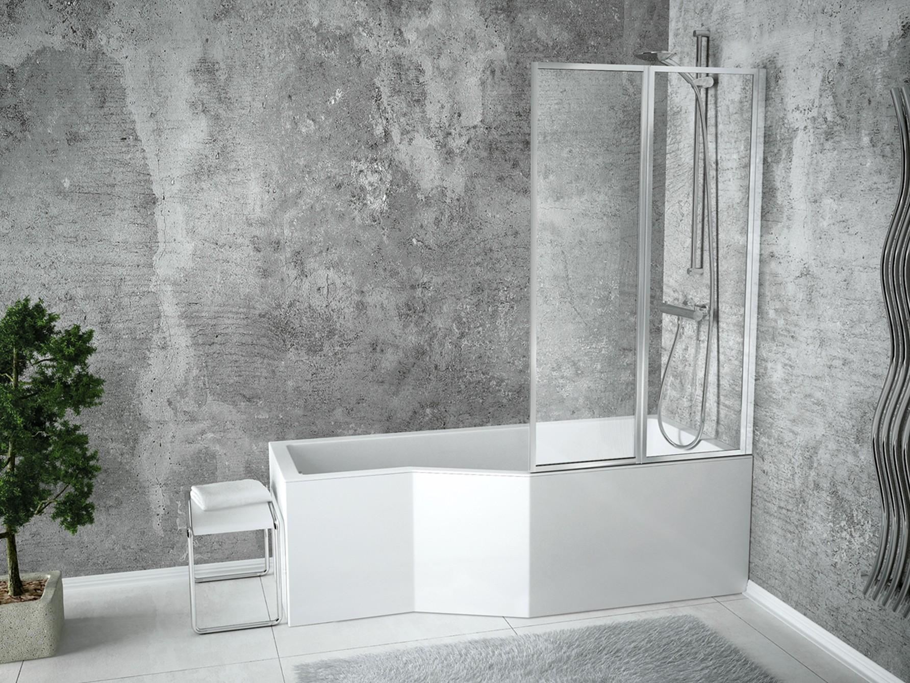 Badewanne INTEGRA 150 x 75 mit Füßen , mit Siphon, und Dushwand-2-teilig , ( ohne Schürze ) , rechte