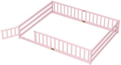 Costway Queen Size Floor Bed Kids Montessori Bed Frame with Full Length Safety Guardrails-Pink
