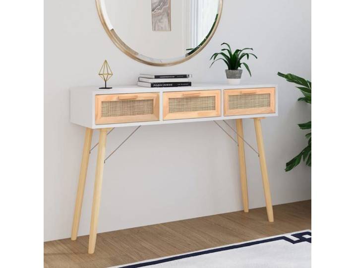 SALE 2026 Table console Blanc Bois massif pin /rotin - moderne-design - rotin naturel et rotin - bois massif - blanc - 3 tiroirs -