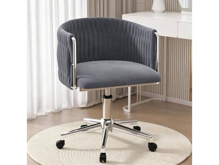 Verstellbarer Samt-Waschtischstuhl Mit Metallgestell, 360° Drehbar Ergonomischer Stuhl mit gebogener Rückenlehne, geeignet for Ankleiden, Büro und Maniküre(Silver Legs,Gray)