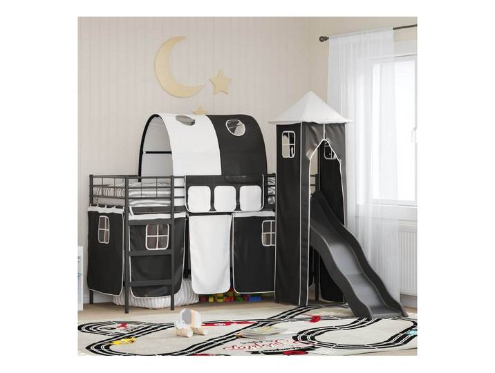 furnicato Bett Kinderloftbett 100 x 190 cm Schwarz (1-tlg), Zusammenklappbares Hochbett mit Vorhängen für dein Kinderzimmer