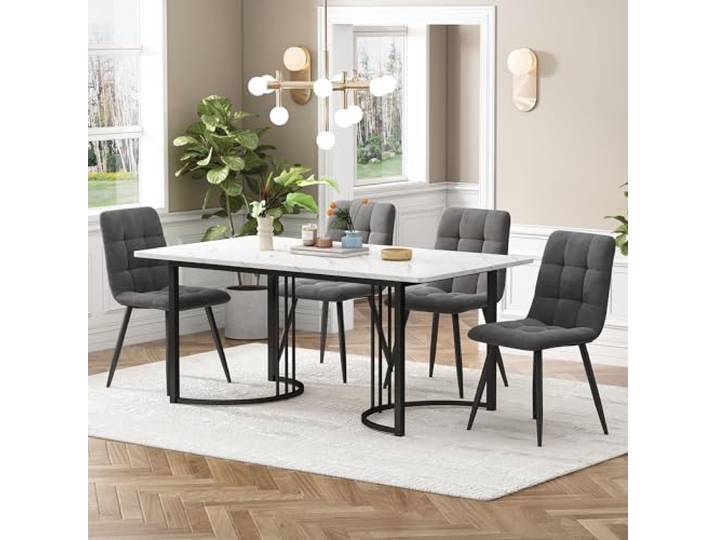 KUAKE Esstisch-Set mit 140x80 cm, Essgruppe mit aus Leinen, Küchen-Esstisch für Zuhause & Familie, Schwarz Metall Tischbeine + (Dunkelgrau-B)