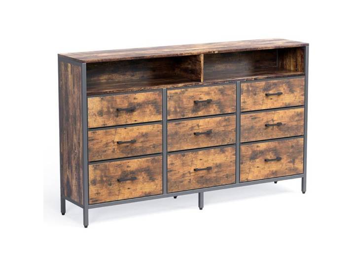 Commode 9 Tiroirs En Tissu Armoire Rangement Grande Capacité Plateau Bois Et Cadre Métal Pour Chambre Et Salon 140X30X87Cm