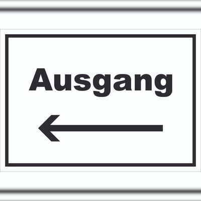 HB-Druck Ausgang Schild mit Text und Richtungspfeil links Exit Schluss waagerecht A1 Rückseite selbstklebend