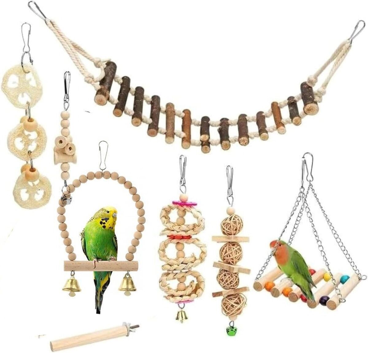 INF Holz-Spielzeug-Set für Vögel, 8-teilig – Kiefernholz und Metall Papageienspielzeug mit Schaukel und Leiter, Naturholzfarbe