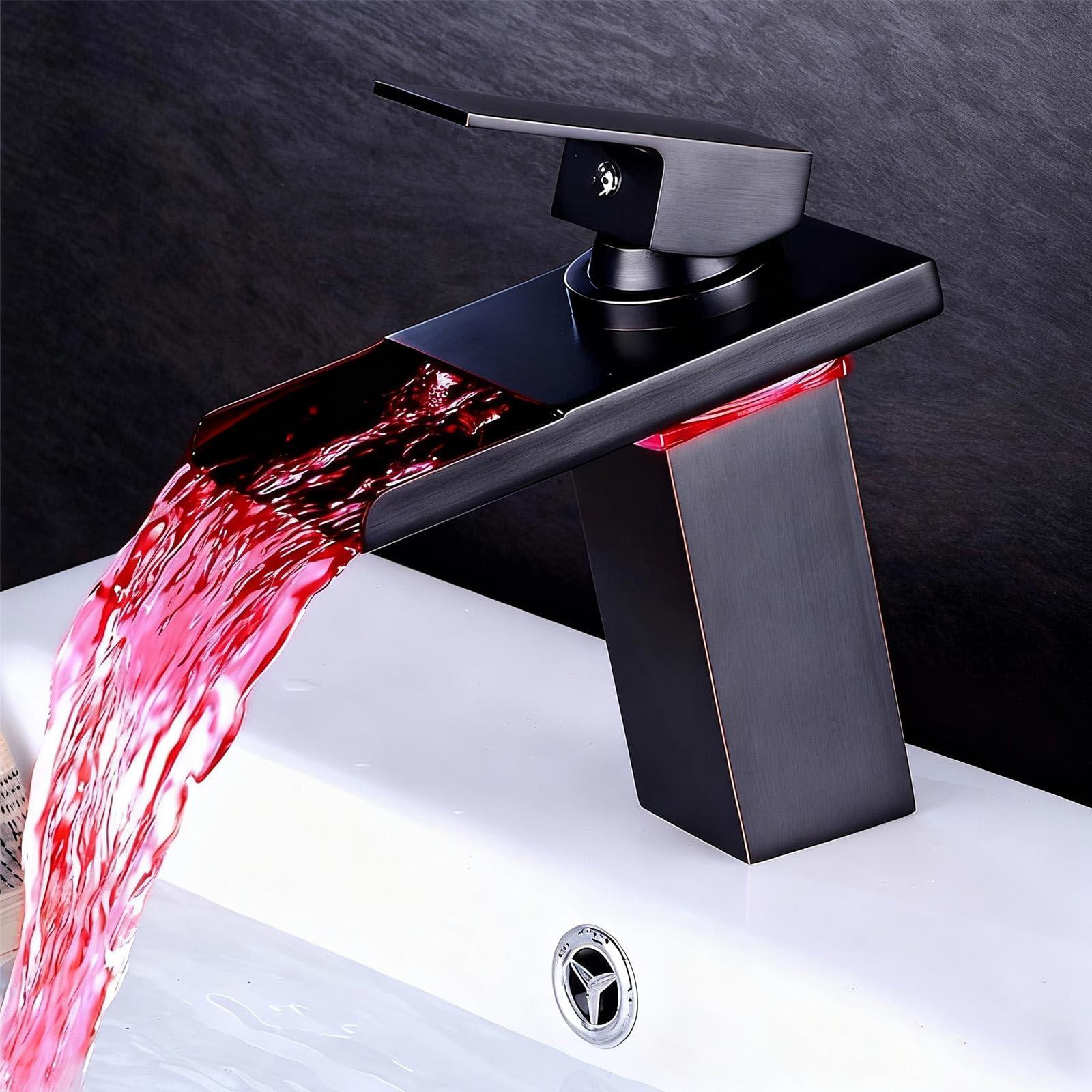 Dripio Waterval LED-kraan in zwart messing met waterbesparende functie, uitloophoogte: 122 mm