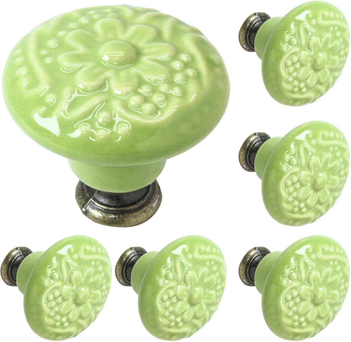 Set van 6 keramische ronde kastknoppen met limoengroene bloem in vintage stijl
