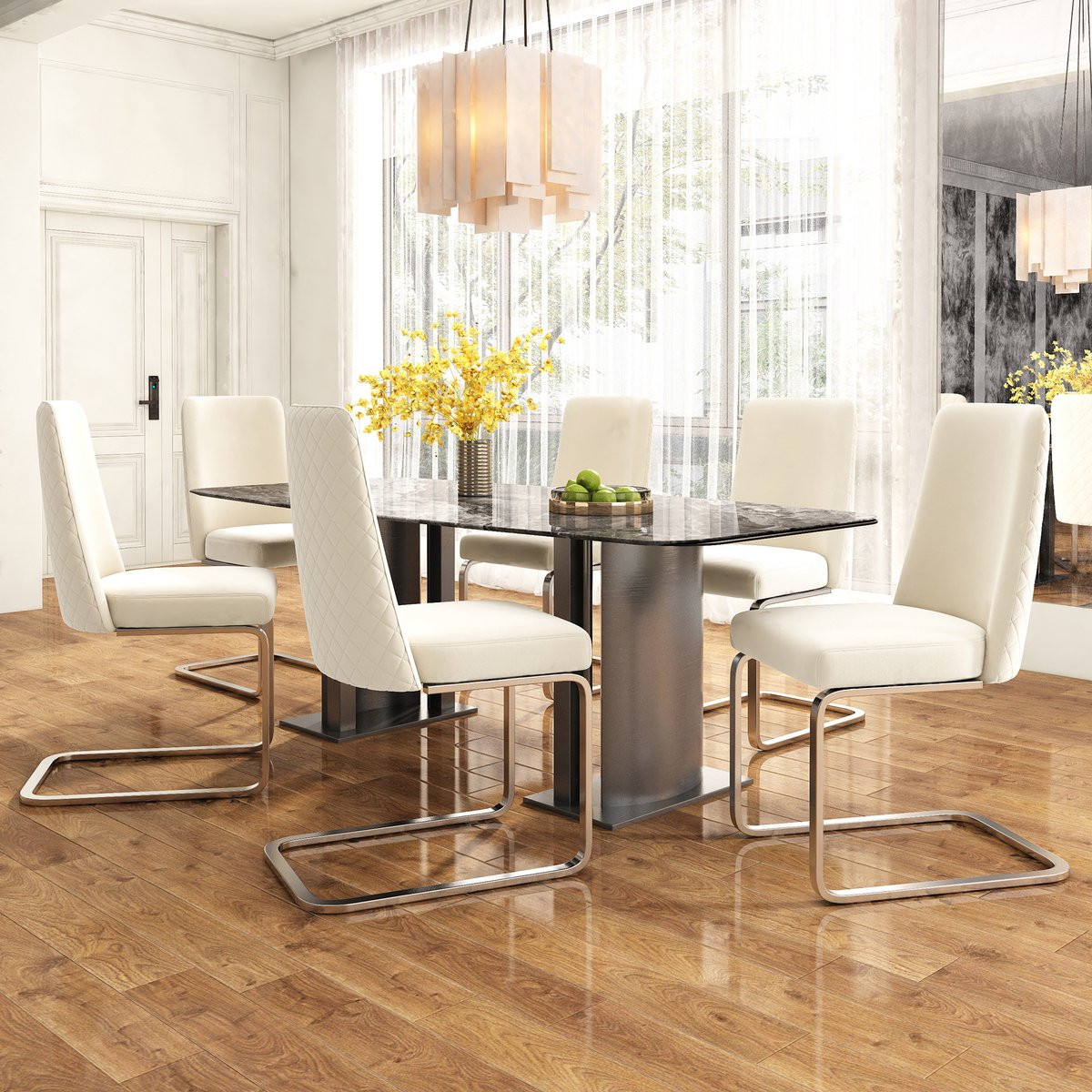 Wishdor Eetkamerstoel Set van 2 - Beige - Moderne Stijl met Diamantpatroon in de Rugleuning