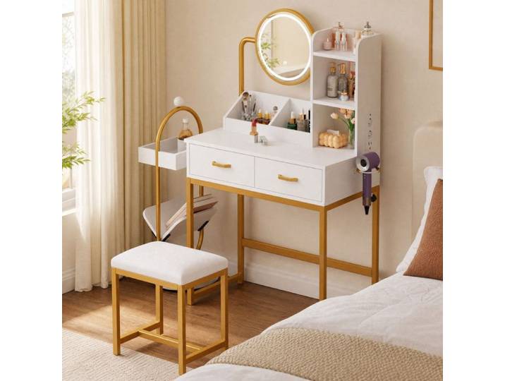 ELVORIN Coiffeuse avec miroir LED et tabouret 80 x 40 x 138 5 cm 2 prises 2 ports USB 2 tiroirs blanc et doré