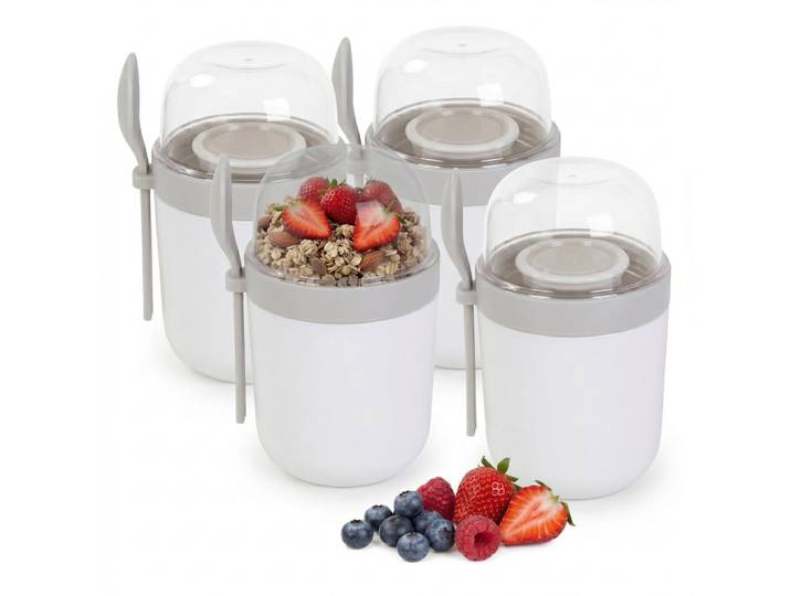 Relaxdays Müslibecher Weiß 4er-Set auslaufsicher, Kunststoff, Küchenzubehör, Vorratsbehälter, Vorratsdosen