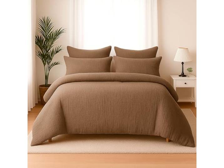 Wolkenfeld Premium Musselin Bettwäsche 135x200 mit Reißverschluss – Aus 100 % Baumwolle – Atmungsaktiv & Weich – Bettwäsche Musselin mit 80x80 Kissenbezug Caffee