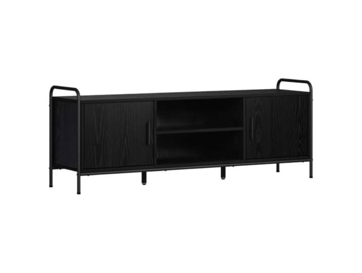 Foknhdi TV-Schrank 133x33x50 cm Lowboard Schwarz Eichen-Optik Kompakte TV-Bank mit verzinktem Stahlrahmen und Kippschutz für Wohnzimmer mit geräumigen Fächern.