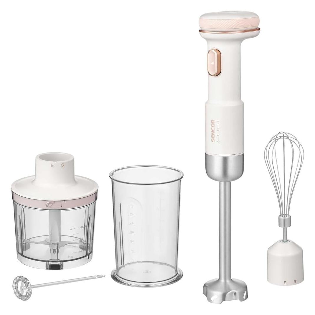Sencor Drahtloser Stabmixer mit USB-C-Ladung, Titanmesser und Zubehör (SHB 9130WH)