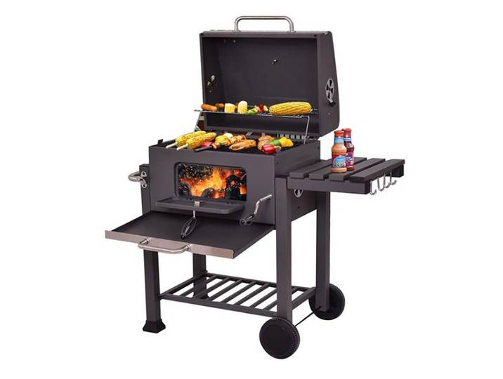 Barbecue à charbon de bois, chariot de gril, comprend 2 grilles, étagères avec crochets, plateau à charbon de bois réglable, chariot de barbecue Grill au charbon de bois