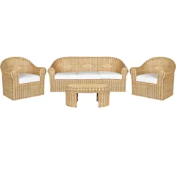 LOUNGE SET 5-Sitzer Rattan naturfarben Auflagen weiß Fracasti
