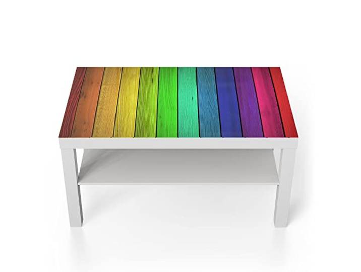 DEQORI Glastisch weiß groß 90x50 cm Motiv Farbige Holzlatten ausgefallener Beistelltisch aus Glas Hochglanz Couchtisch fürs Wohnzimmer moderner Couch Tisch mit Design