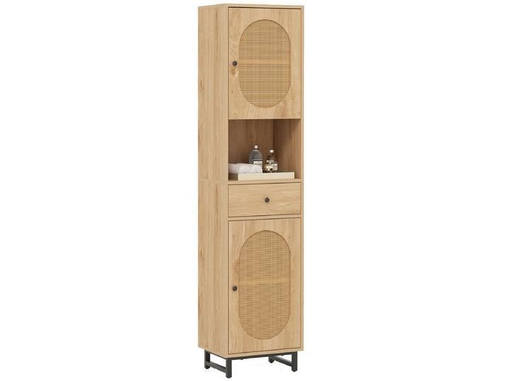 COSTWAY Hochschrank Badezimmerschrank Rattan, schmal, verstellbares Regal