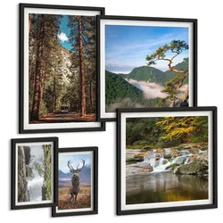 BILDER SET 5er Set - 50x50 cm & 20x30 cm & 40x60 cm Schwarzer Rahmen - Wasserfall Wald Berge Hirsch Natur