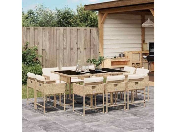 KTHLBRH Gartenmöbel-Set, 11-teilig, mit Kissen, beige Strapazierfähiges Polyrattan, Klappstühle, Glastisch, waschbar
