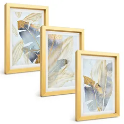 BILDER SET 3er Set - 20x30 cm Goldrahmen - Hellblau-beige Blätter
