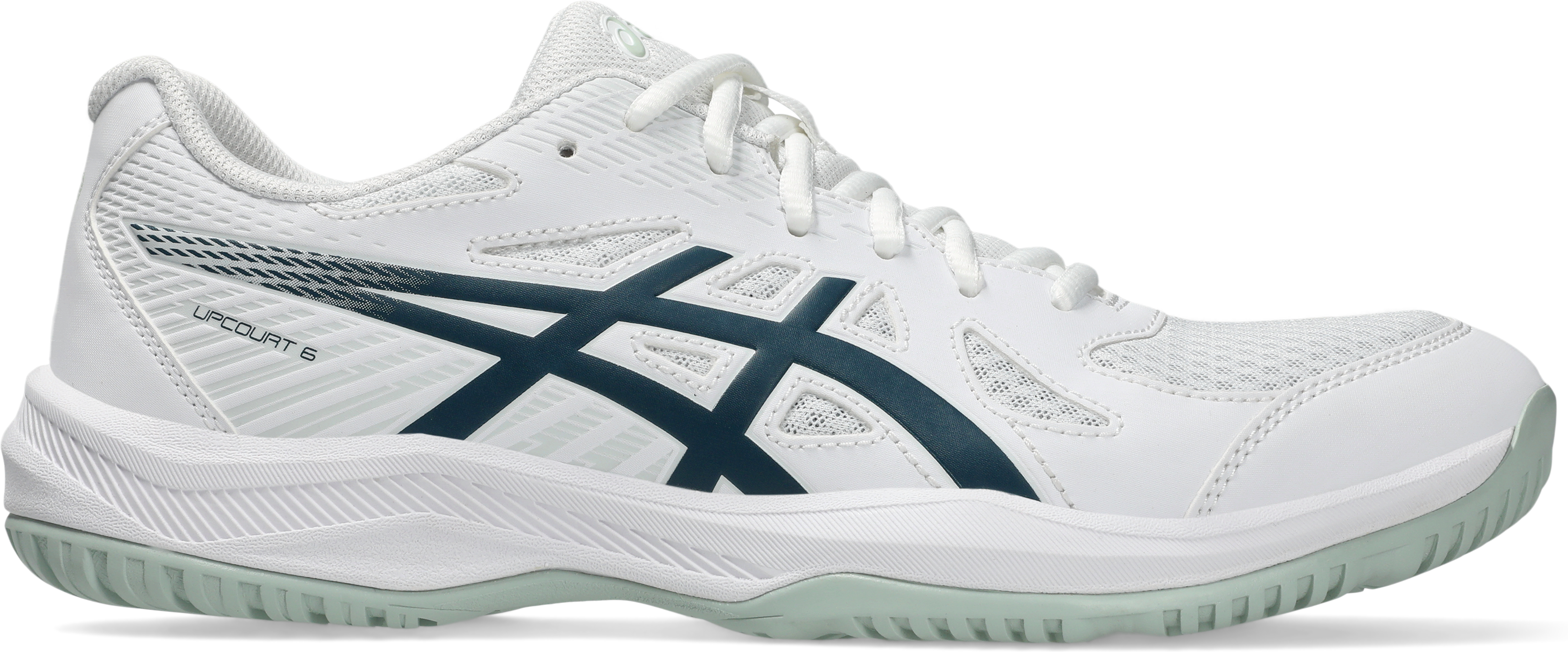 Hallenschuh ASICS "UPCOURT 6", Herren, Gr. 46,5, weiß, tranquil teal, Synthetik, Schuhe Hallenschuh, besonders geeignet für Handball und Volleyball