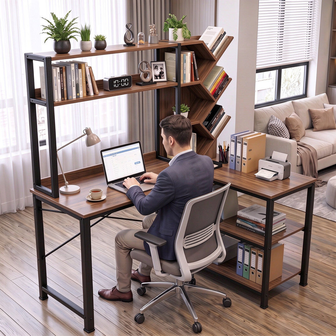 Brayden Studio L-Shaped Computer Desk Walnut brown 150cm H X 130cm W X 90cm D