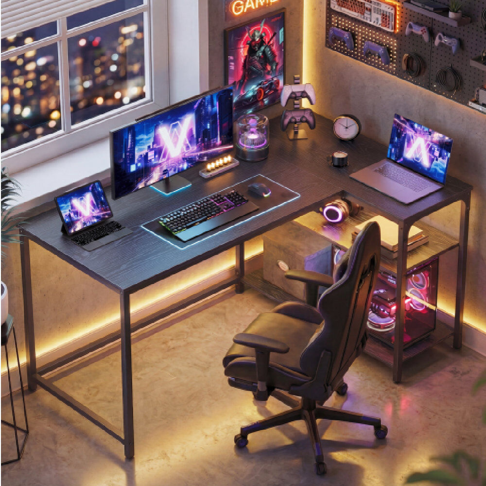 Inbox Zero Corner Computer Desk With Adjustable Storage Shelves Black 76cm H x 120cm W x 80cm D