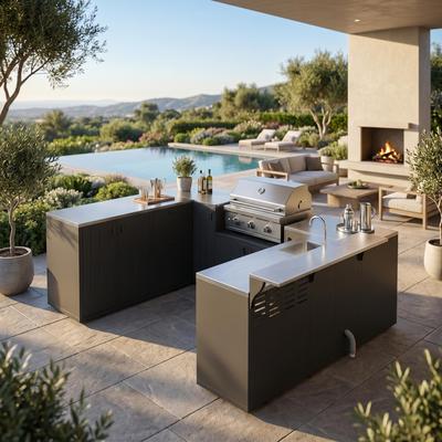 FUFU&GAGA Outdoor Kitchen Island with Sink & Trash Bin Cabinet, U-Shaped BBQ Grill Station Galvanized Steel Outdoor Bar Prep Station