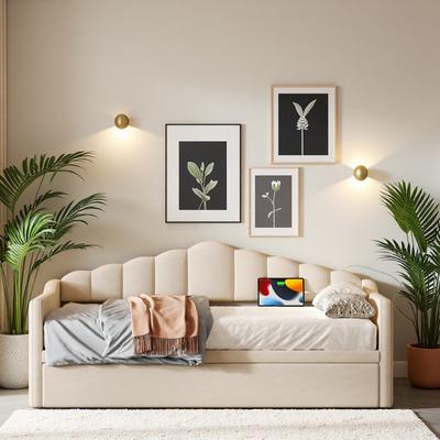 Twin Size Upholstered Daybed with Adjustable Pop-Up Trundle, USB/Type-C Ports, and Side Pockets