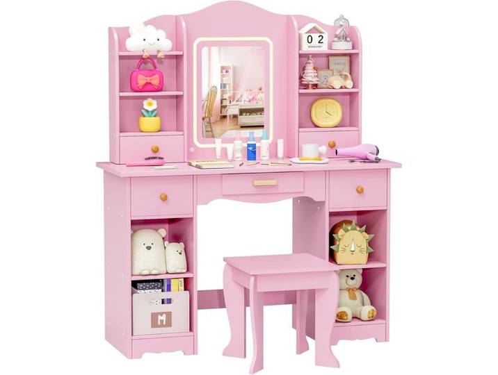 Coiffeuse pour Enfants avec Miroir LED Coiffeuse pour Fille avec Tabouret Table de Maquillage Fille avec 5 Tiroirs