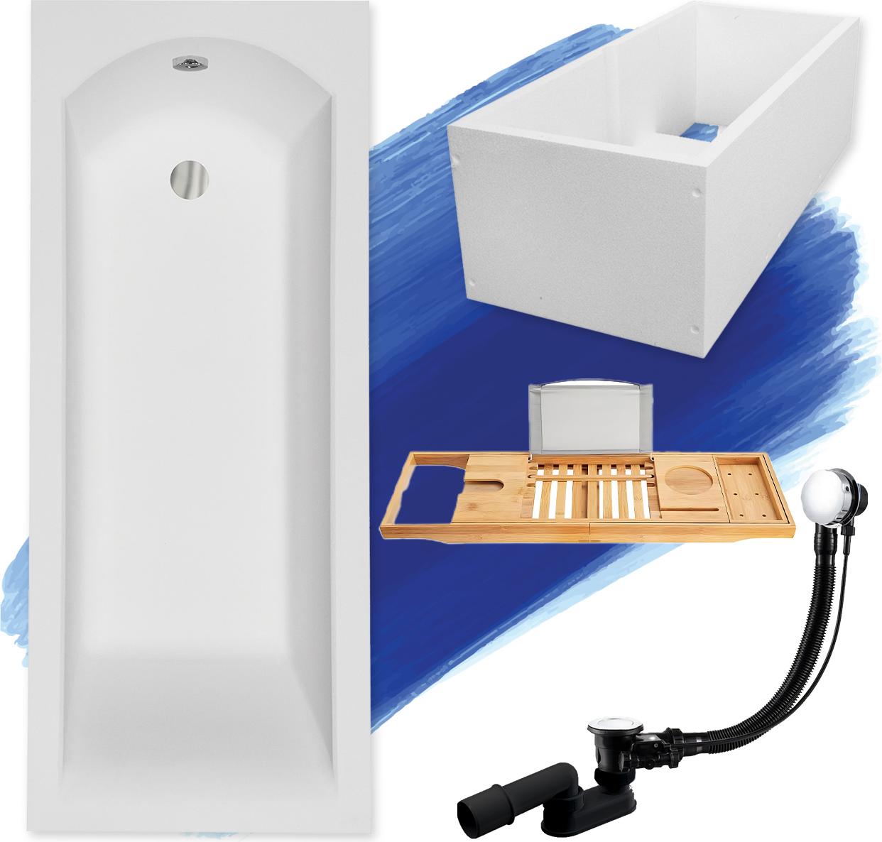 Badewanne Rechteck Set 5in1 140x70 mit Premium Ablaufgarnitur und Füßen GRATIS + Wannenträger + Bambus Holzablage | BADLAND SHEA