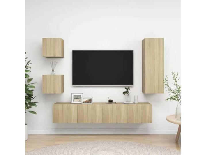 HEFZGDB 5-TLG. TV-Schrank-Set Sonoma-Eiche Holzwerkstoff Wandmontage mit viel Stauraum für Organisation und Aufbewahrung, praktische Ergänzung für Ihr Zuhause, Zeitloses Design,