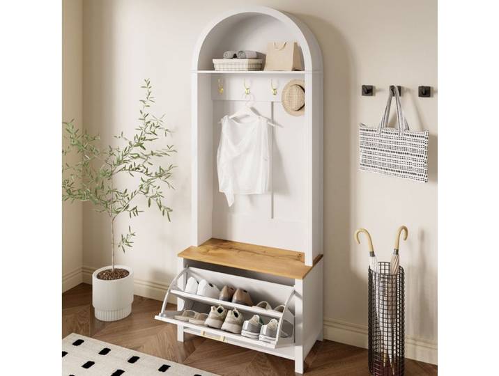 Vestiaire Entree MDF Blanc Bois Porte Manteau Moderne FloraGrace Pour Entree Rangement Chaussures 75x35x195cm