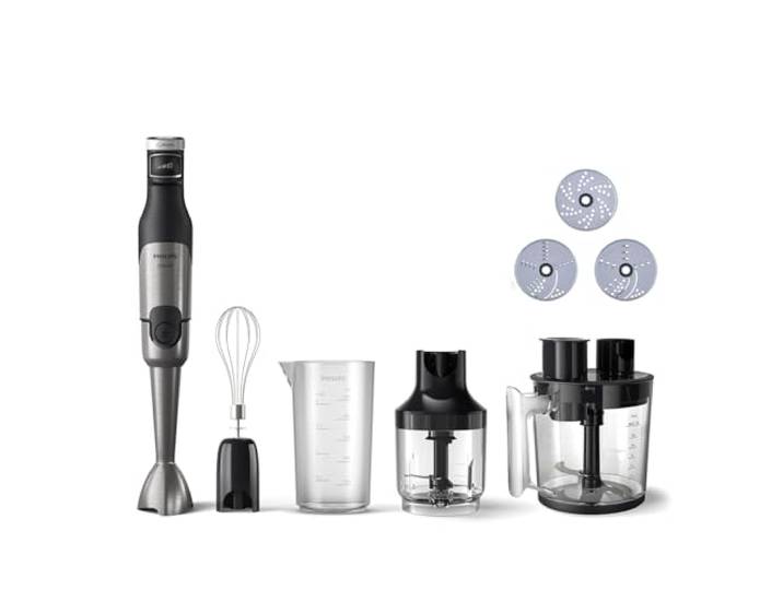 Philips Stabmixer 5000 Serie Premium Set, Schwarz, 1200 W 0,5L Becher, Kompakthacker, Zerkleinerer, Schneebesen, ProMix-Technologie, stufenlose Geschwindigkeit (HR2685/00)