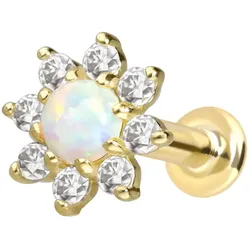 14 Karat Gold Labret mit Innengewinde MOISSANIT-BLUME + SYNTHETISCHER OPAL