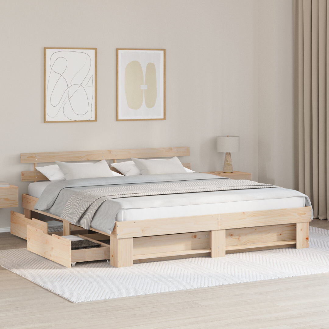 Gracie Oaks Bed Frame with Headboard Solid Pine Wood Brown Super King (6')