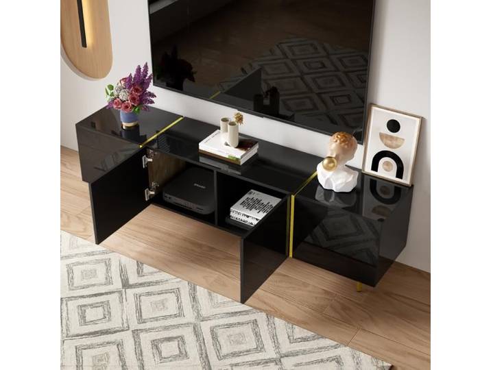 Meuble TV brillante avec 4 portes moderne et sobre - SWEIKO - Noir et Or
