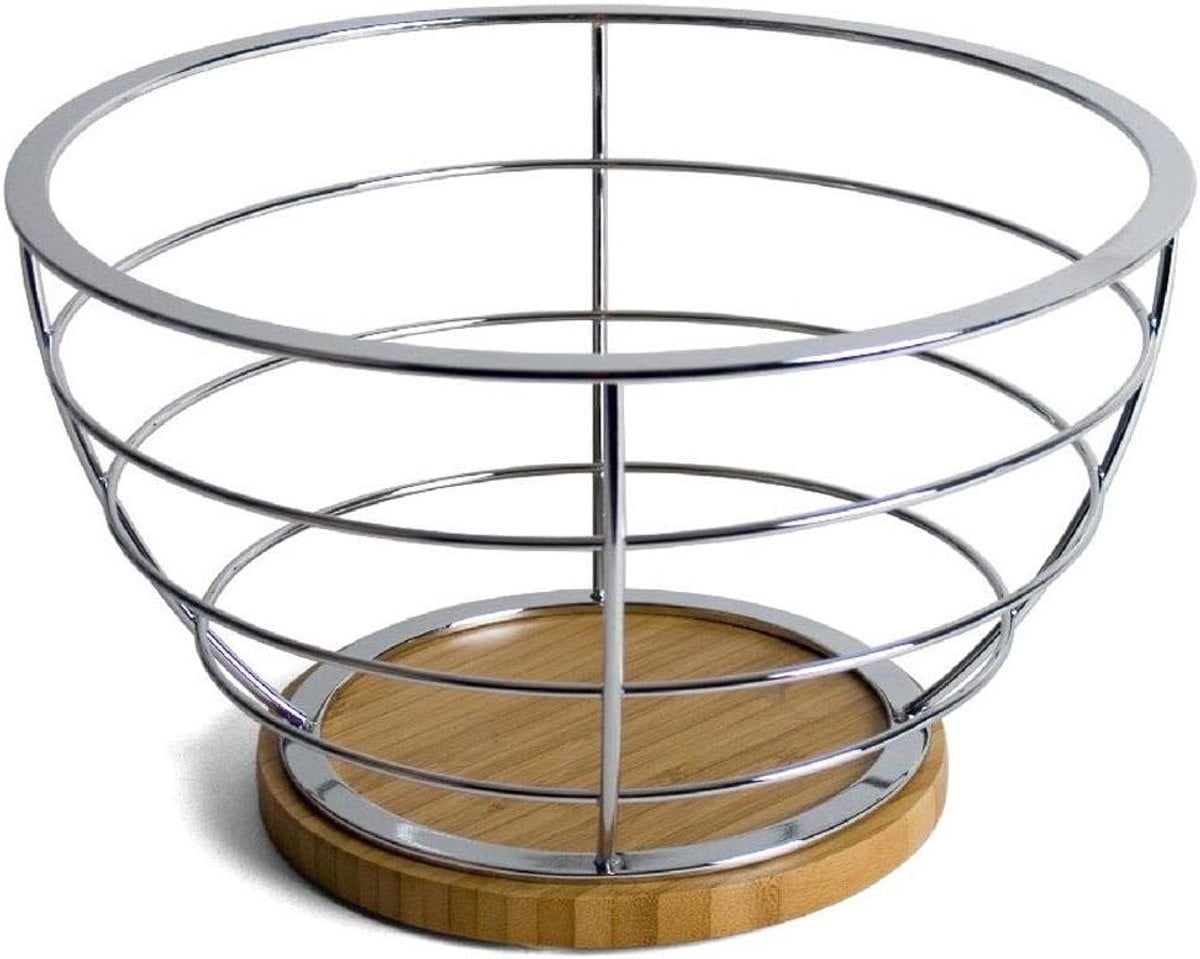 Fruitmand Metaal Zwart - Ronde Fruitschaal van Hout voor Keuken Decoratie - B/D/H: 26 x 15 cm