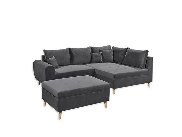 Stella Trading CALANDA Ecksofa mit Hocker, Stoffbezug Anthrazit - Moderne Eckcouch mit Kissen & Massivholz Füßen - 249 x 94 x 175 cm (B/H/T)