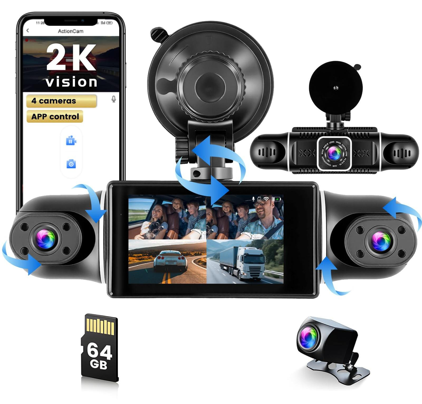 Selius 4-kanaals dashcam met 2K voorzijde, 1080P achterzijde en 360 graden dekking