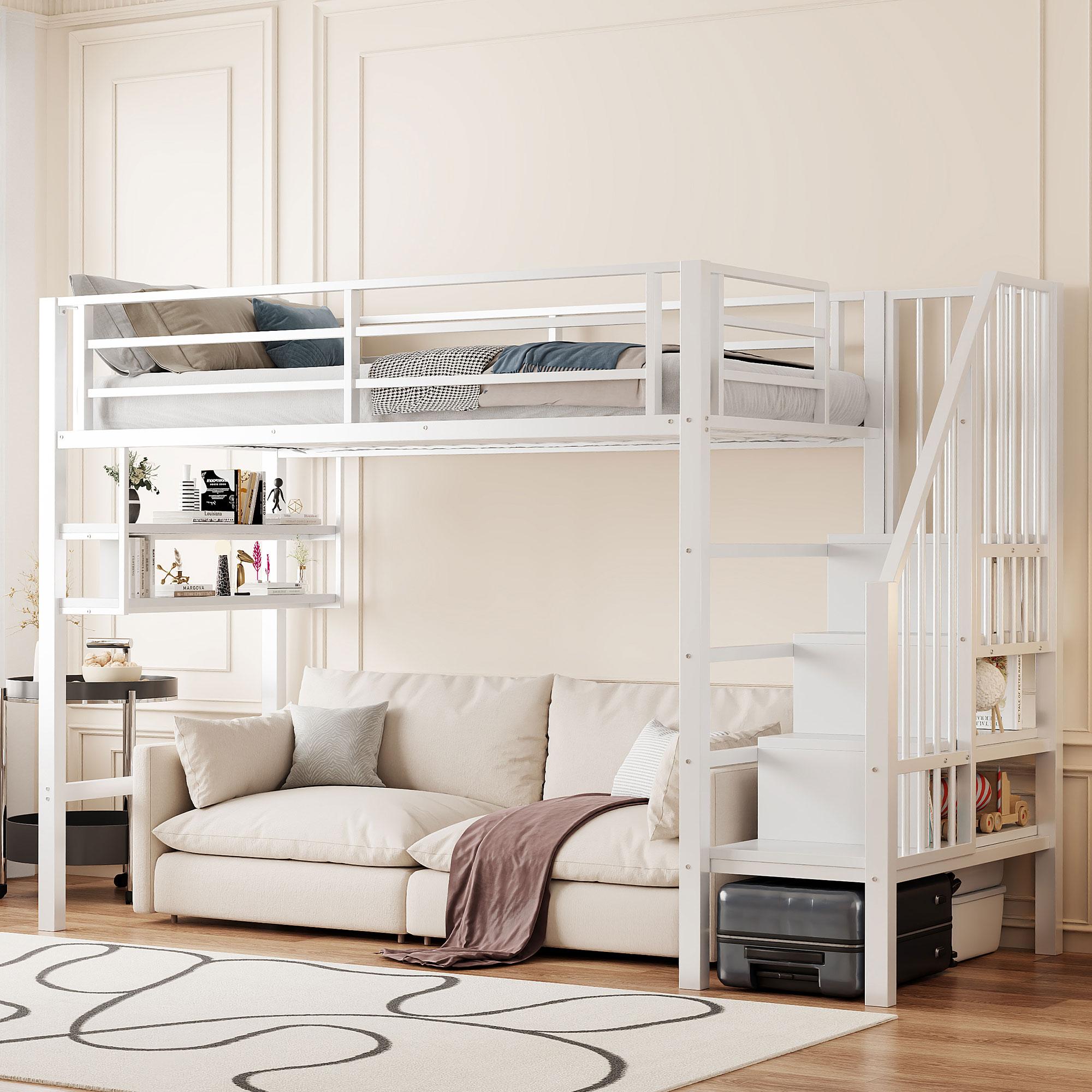 Merax Etagenbett Hochbett 90×200cm, mit Regalen, Stauraumleiter, sicherem Geländer, Eisenbett, Stockbett, Kinderbett, Jugendbett, Weiß