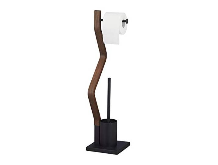 Relaxdays wc-rolhouder, met toiletborstelhouder, hout en staal, zwart/bruin